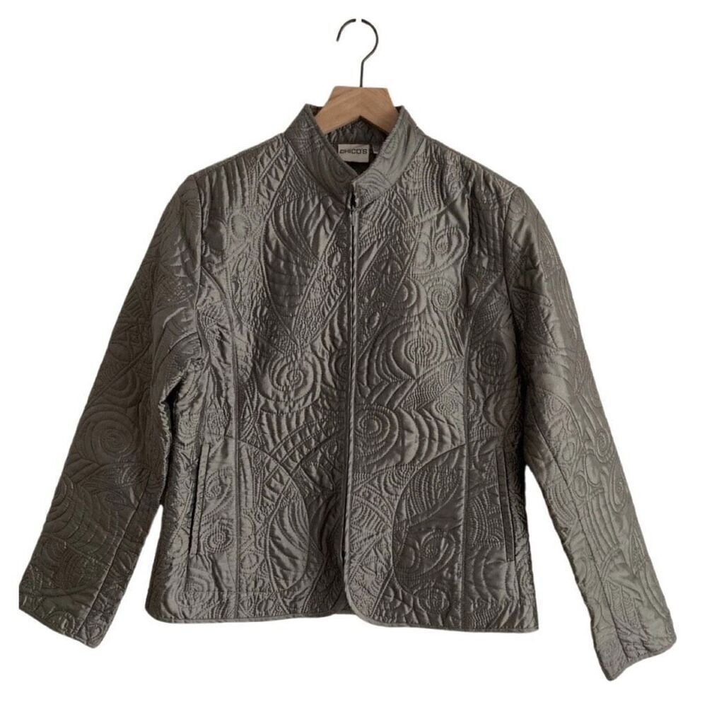 New! Chicos Gun Metal Gray Quilted Jacket Sz L